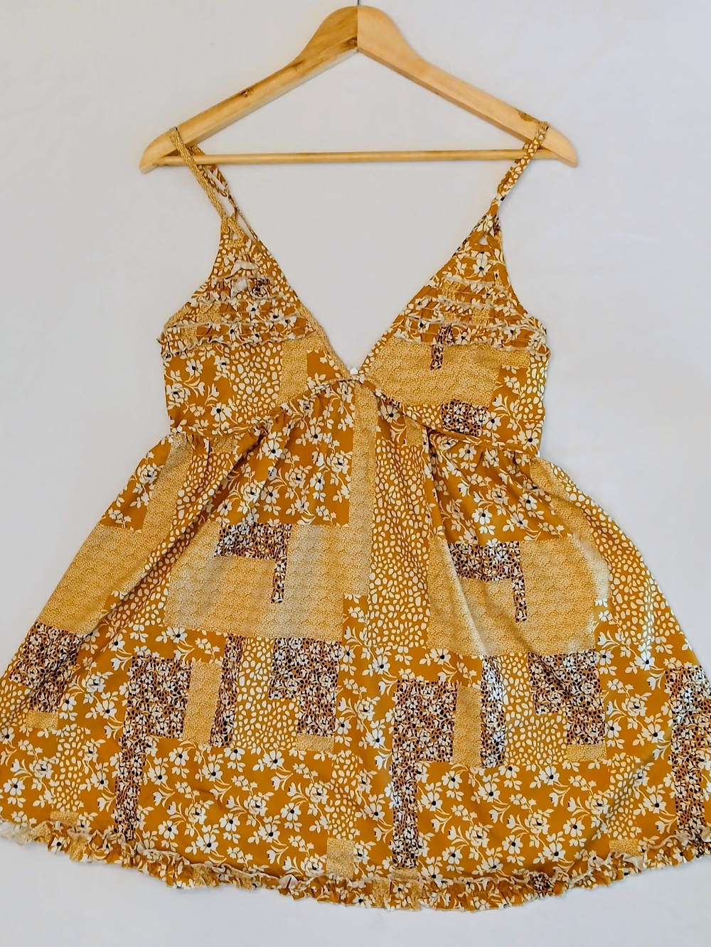 Vintage 90s Boho Mustard Yellow Patchwork Floral Babydoll Mini Dress Size M